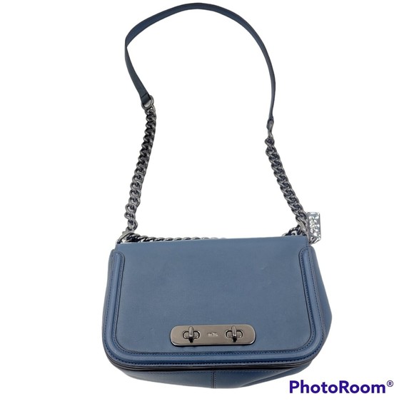 Coach Swagger Large Glove Leather Shoulder Bag DK/ Blue 54640 Chain Strap - Picture 1 of 12